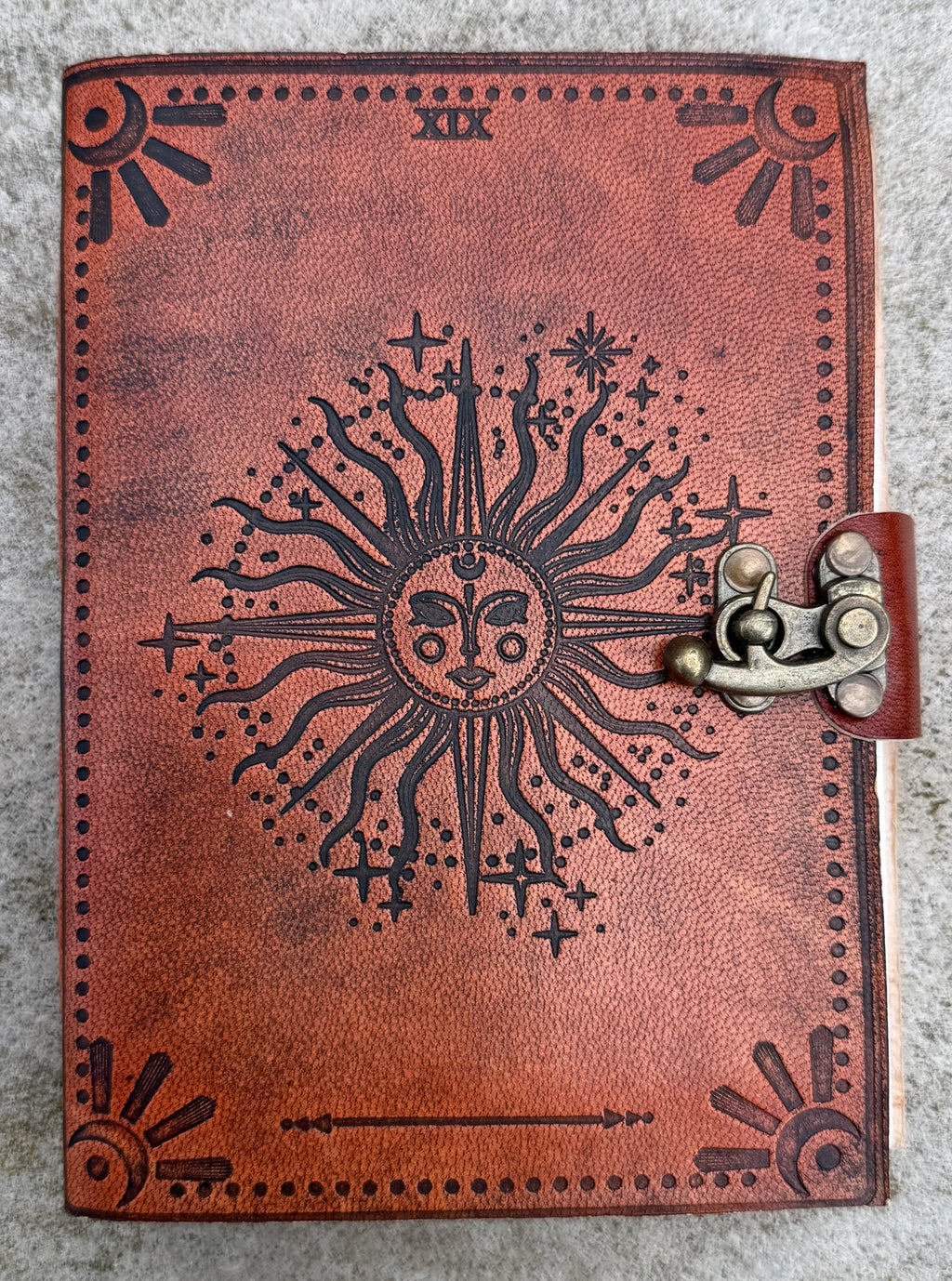 Handmade Celestial Sun Embossed Leather Journal