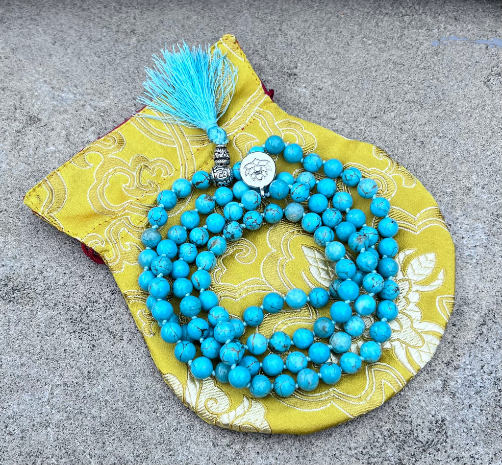 Turquoise Mala 108 Beads – Tibetan Silver Guru Bead & Lotus Charm Meditation Necklace