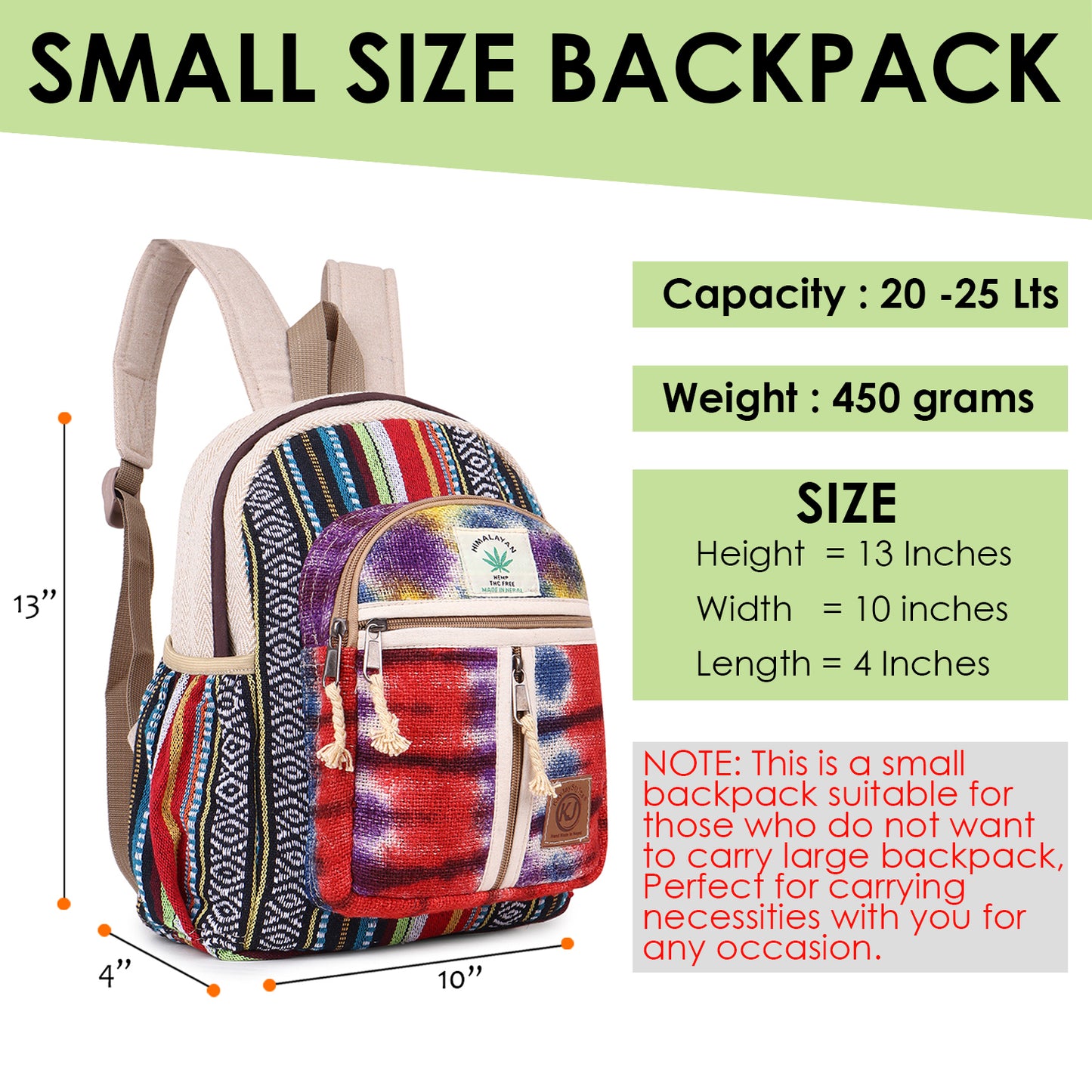 KayJayStyles Handmade Natural Hemp Nepal Backpack Purse for Women & Girls Small Lightweight Daypack ( Tie Dye)