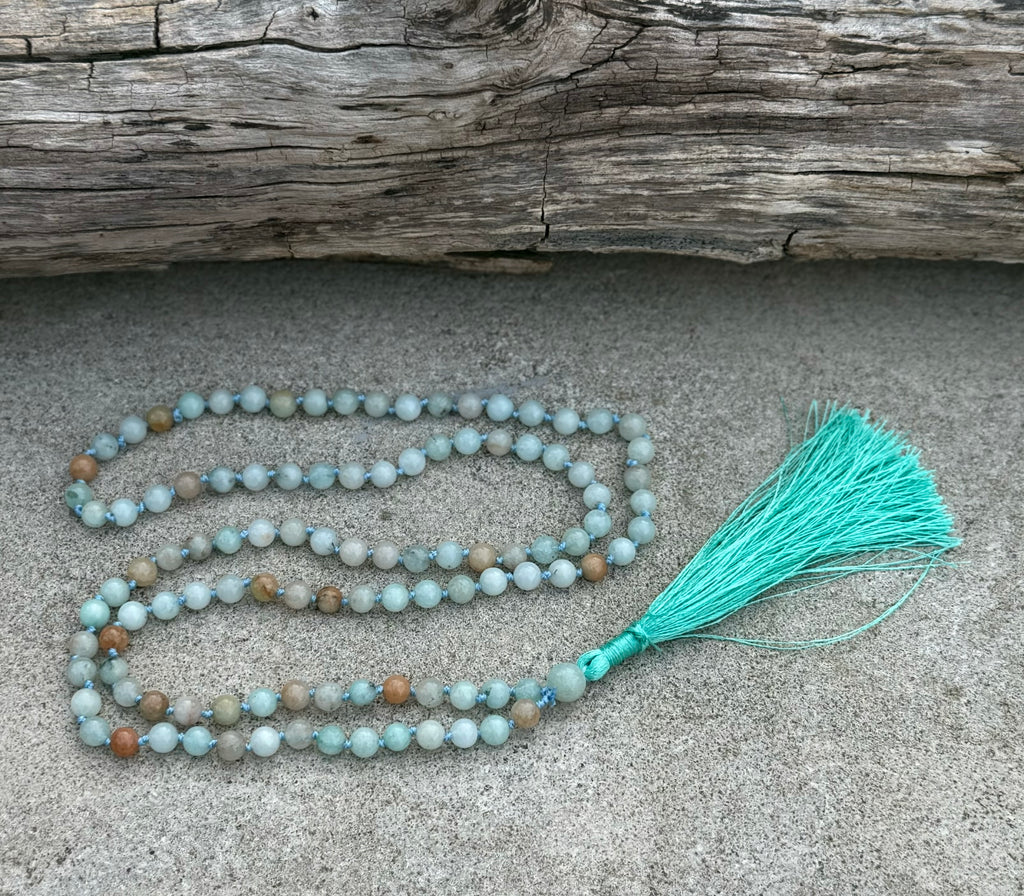Amazonite Mala 108 Beads – Hand Knotted Gemstone Meditation Prayer Necklace