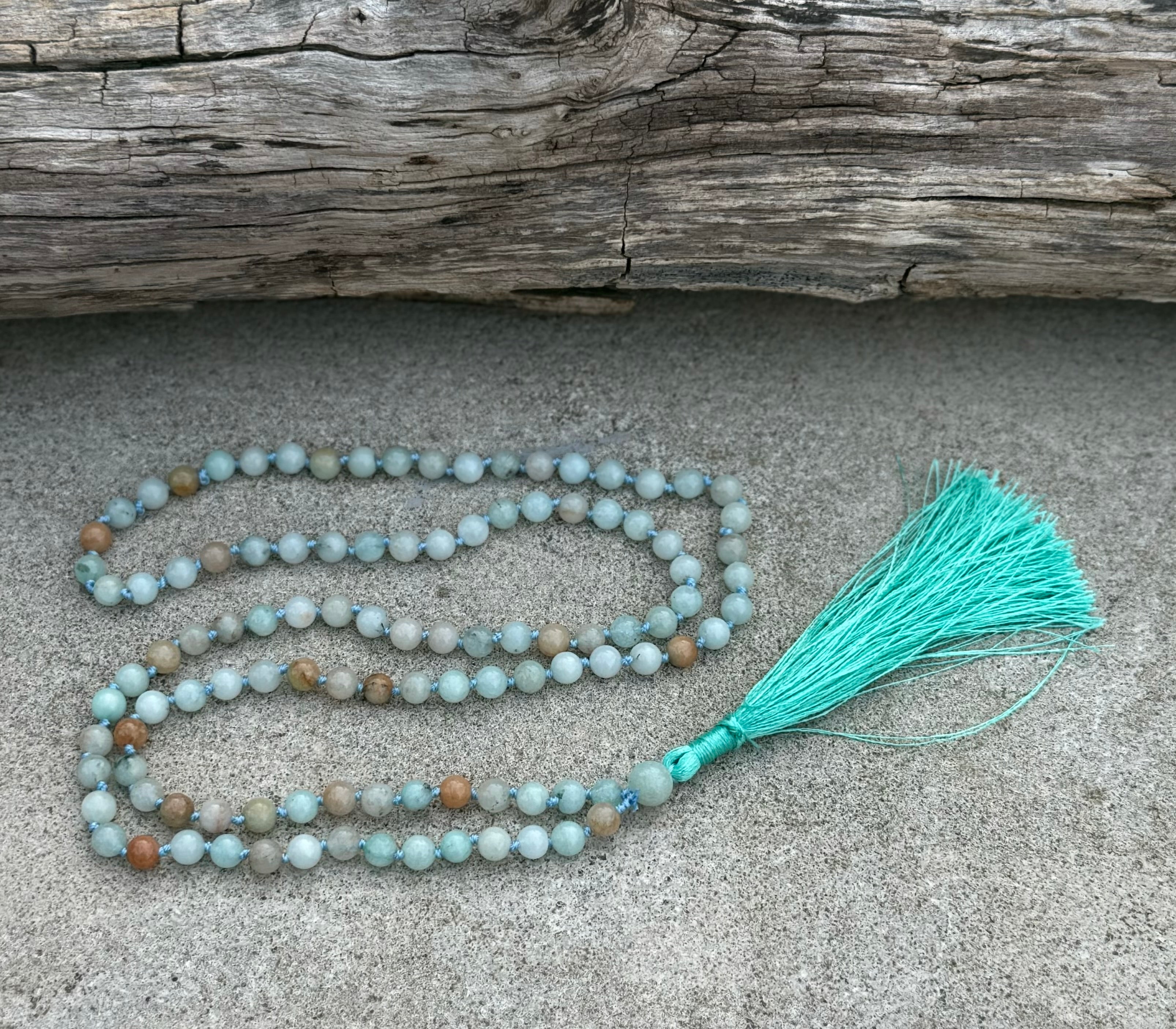 Amazonite Mala 108 Beads – Hand Knotted Gemstone Meditation Prayer Necklace