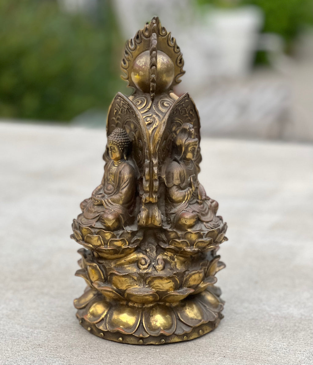 Tibetan Buddhist Old Brass 3 Buddhas Stupa Pagoda 9.5 Inches Tall - DharmaObjects