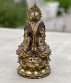 Tibetan Buddhist Old Brass 3 Buddhas Stupa Pagoda 9.5 Inches Tall - DharmaObjects