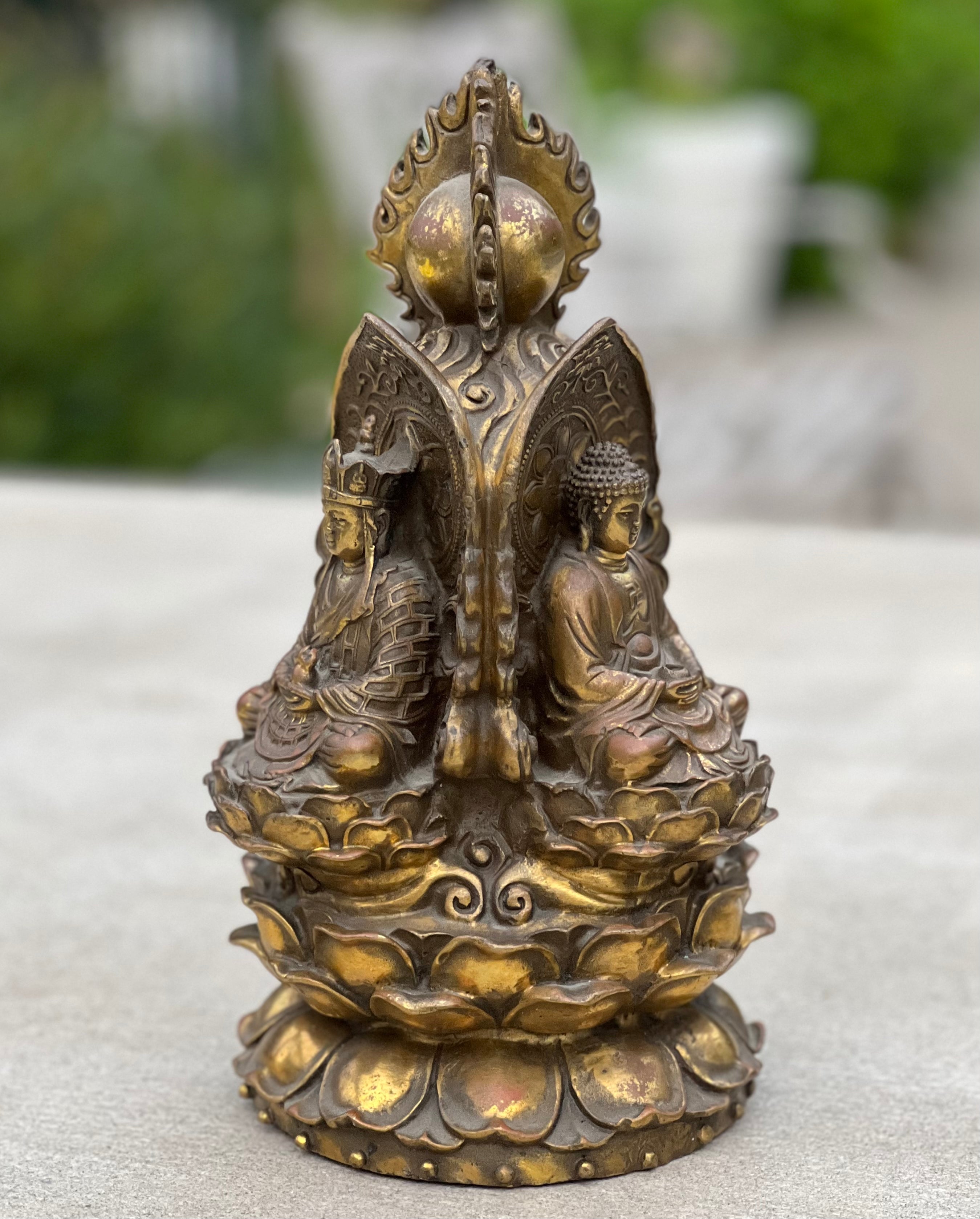 Tibetan Buddhist Old Brass 3 Buddhas Stupa Pagoda 9.5 Inches Tall - DharmaObjects