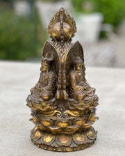 Tibetan Buddhist Old Brass 3 Buddhas Stupa Pagoda 9.5 Inches Tall