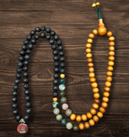 Sandalwood, Green Moss Agate, & Lava Rock Tibetan Prayer Mala - DharmaObjects