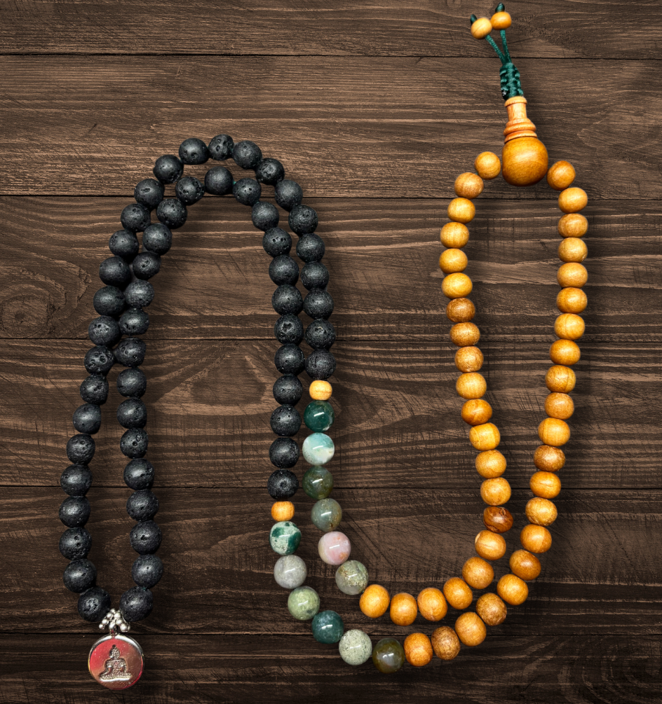 Sandalwood, Green Moss Agate, & Lava Rock Tibetan Prayer Mala - DharmaObjects