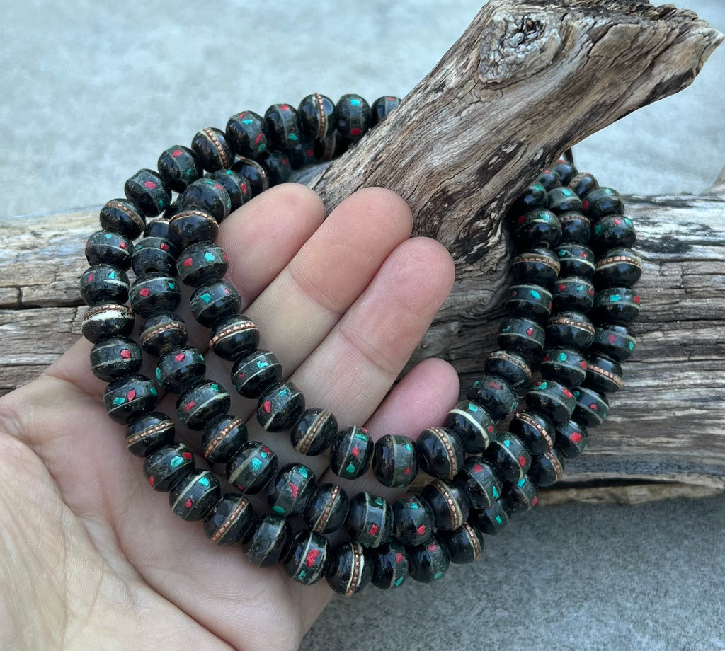 Natural Yak Bone With Coral Inlay 108 Beads Prayer Mala - DharmaObjects