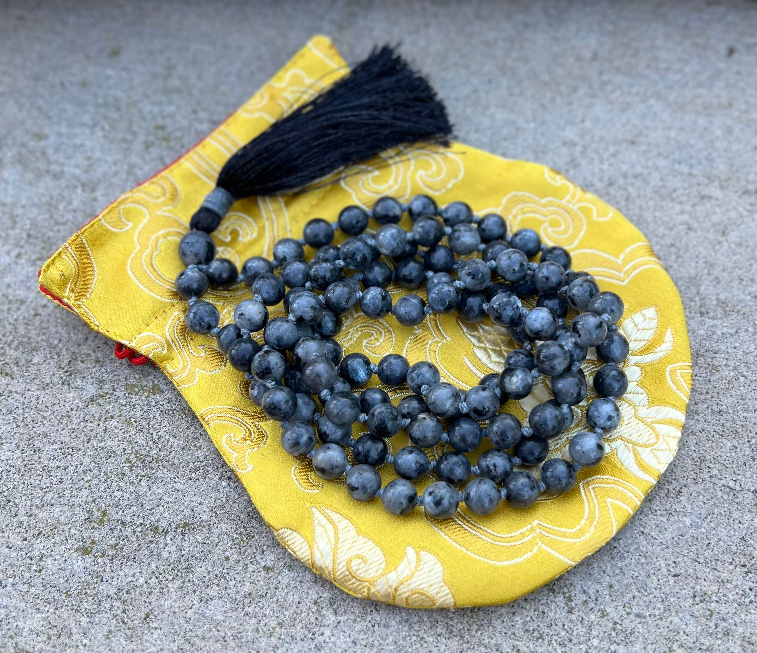Larvikite Mala 108 Beads – Hand Knotted Gemstone Meditation Prayer Necklace