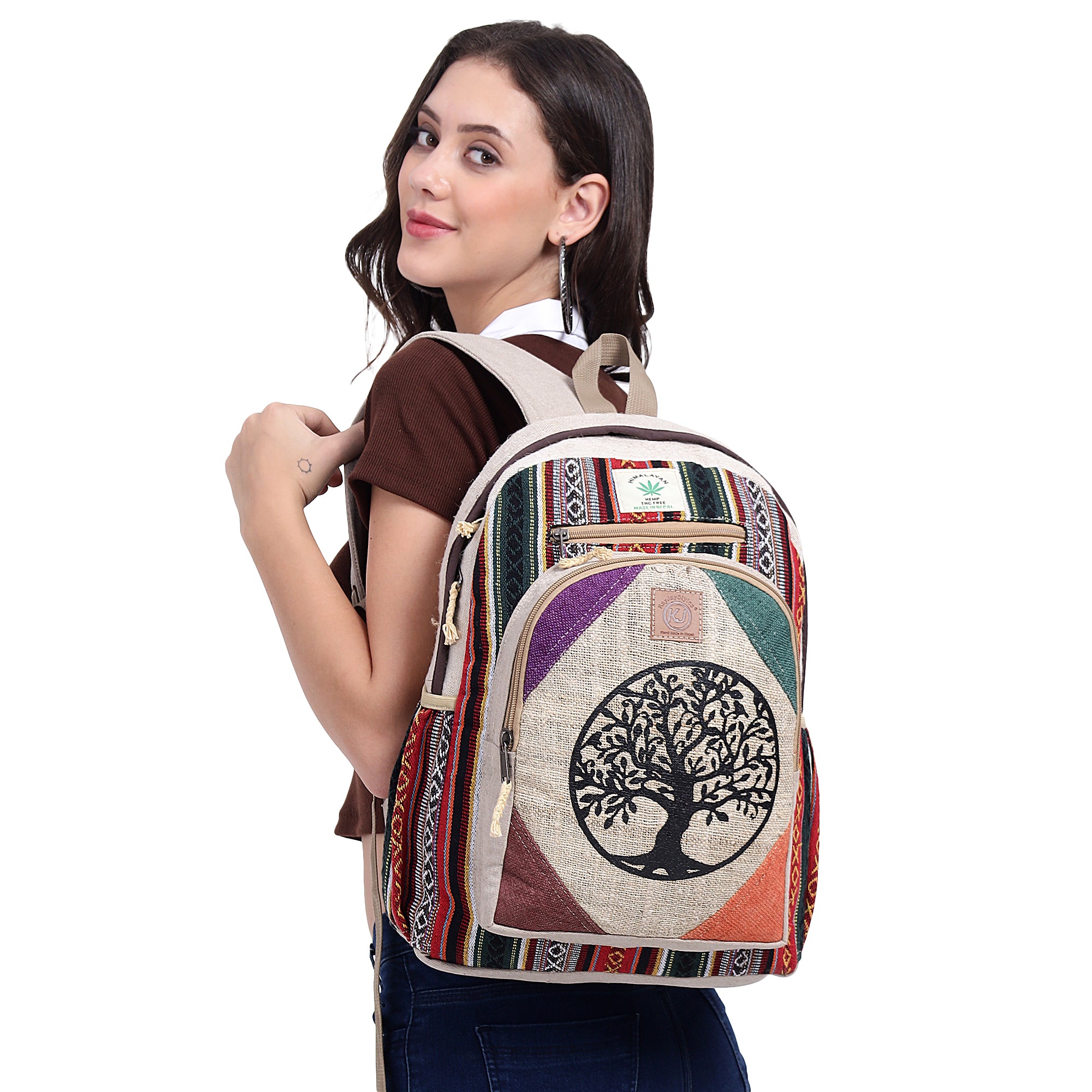KayJayStyles Natural Handmade Large Multi Pocket Hemp Nepal Backpack (Tree Of Life) - DharmaObjects