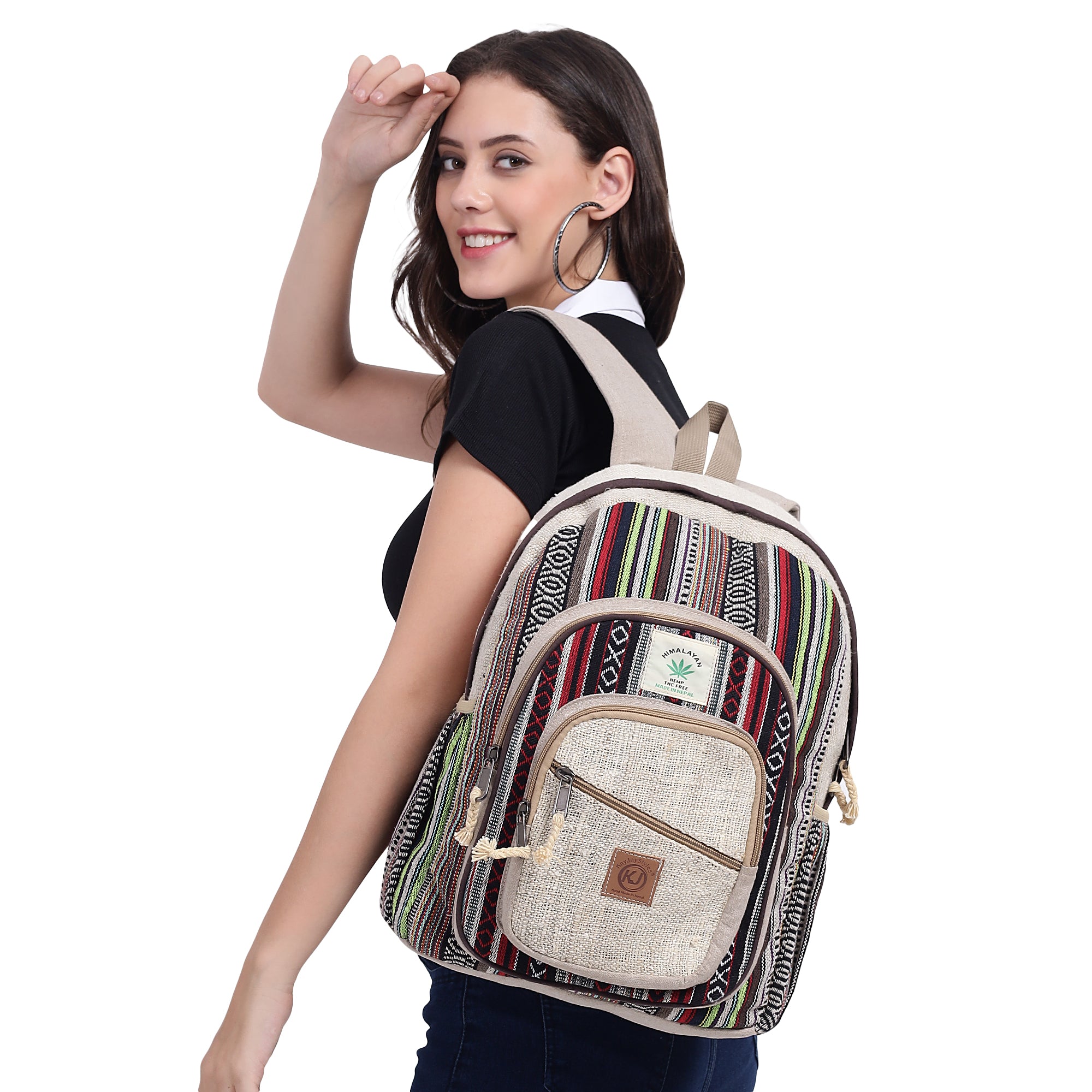 KayJayStyles Natural Handmade Large Multi Pocket Hemp Nepal Backpack - DharmaObjects
