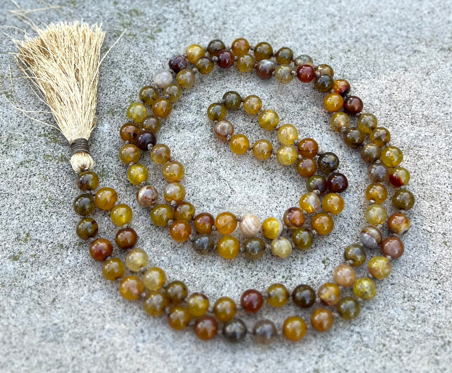 108 Beads Hand-Knotted Brown Agate Stone Mala Rosary | Natural Gemstone Meditation Necklace | Grounding, Stability, and Balance
Mala