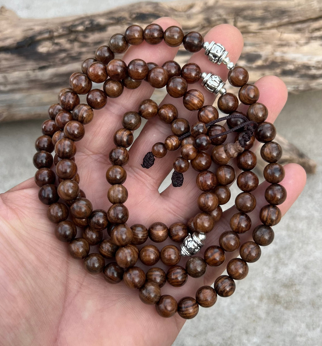 Tibetan Buddhist Kadam Wood 108 Beads Mala with 3 Silver Markers + Free Silk Pouch - DharmaObjects