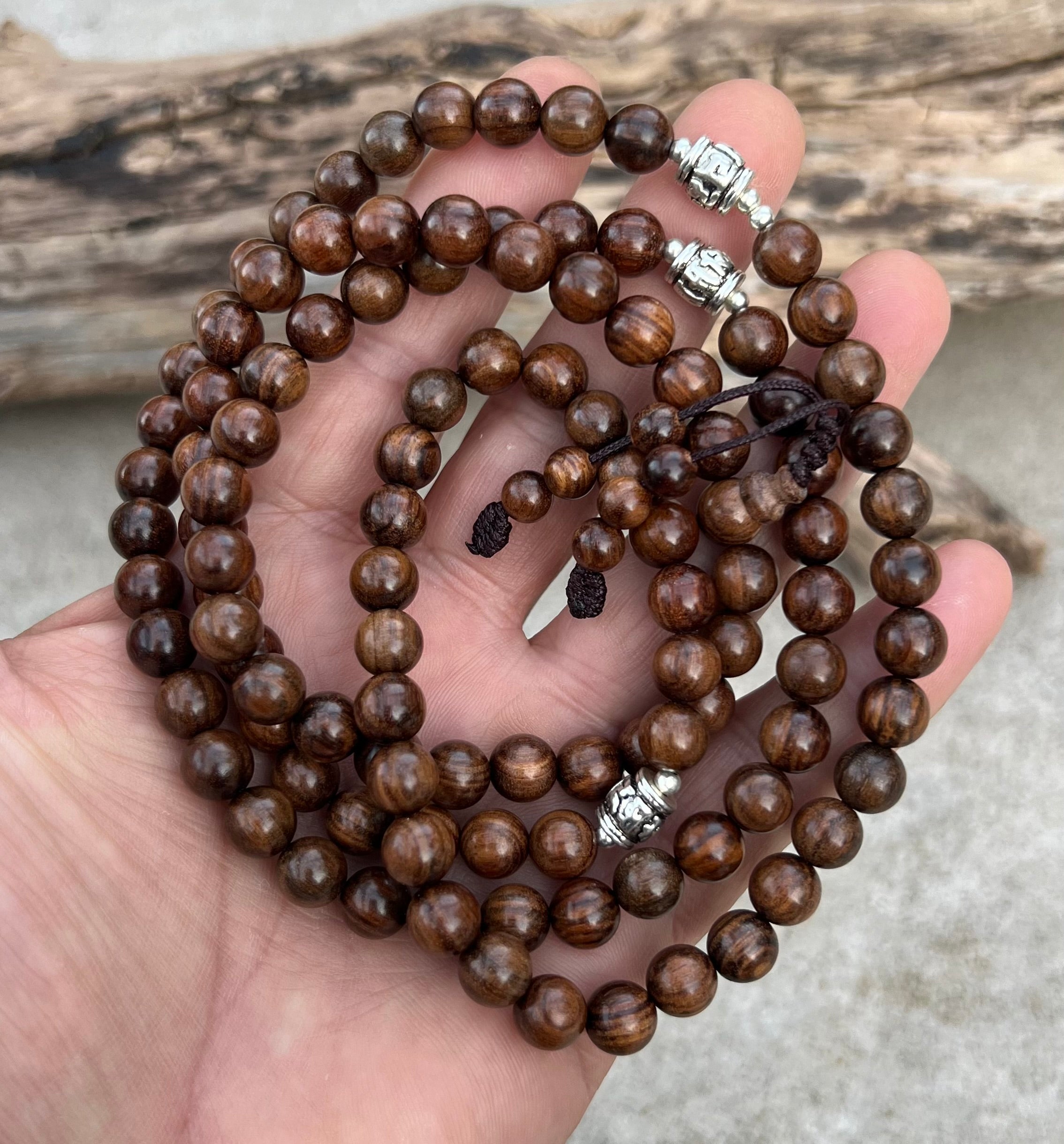 Tibetan Buddhist Kadam Wood 108 Beads Mala with 3 Silver Markers + Free Silk Pouch - DharmaObjects