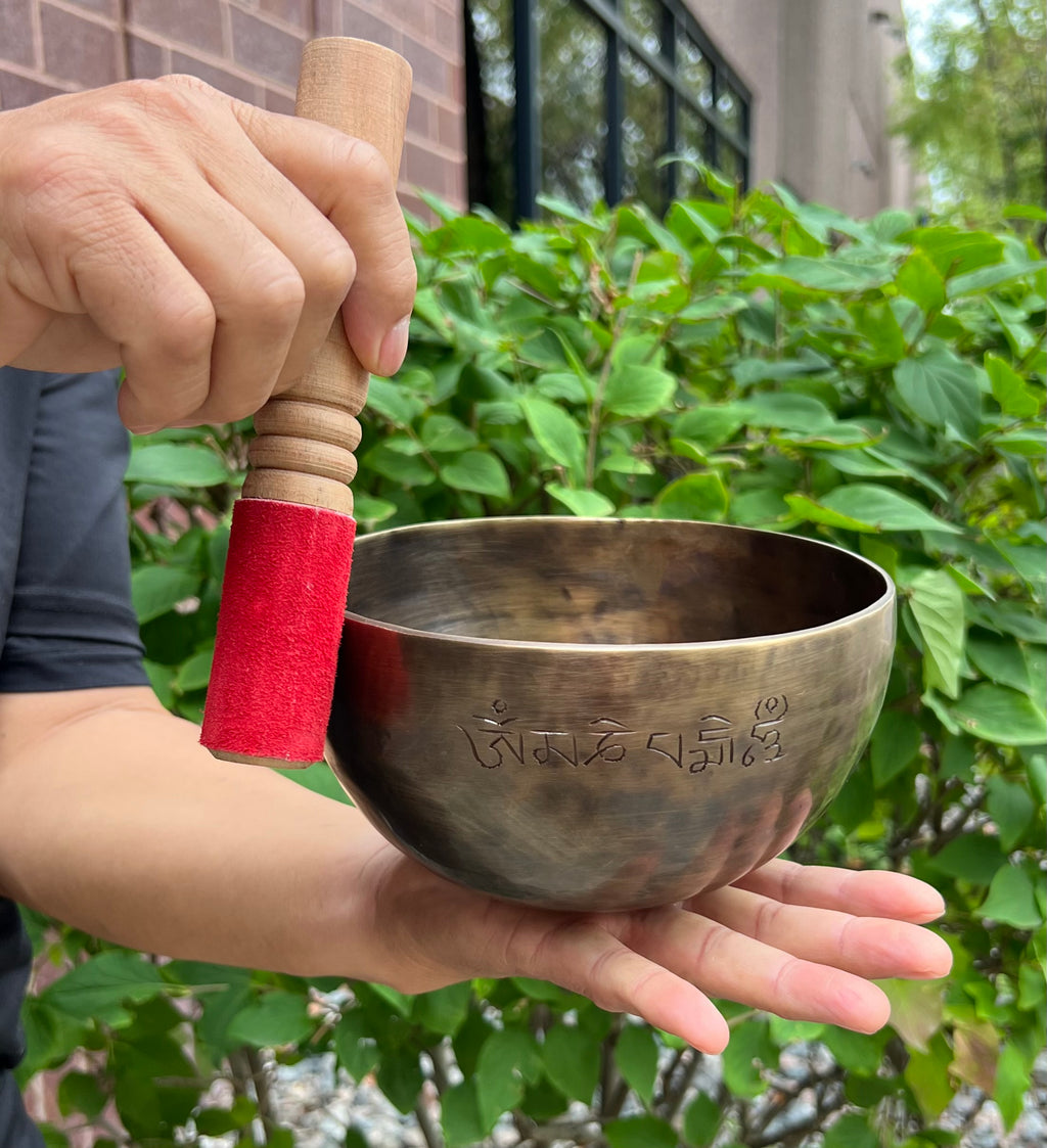 Hand Hammered Tibetan Full Moon Singing Bowl 6.5" – Nepalese Meditation Bowl with D Note 572 Hz, Cushion & Mallet for Sacral Chakra Healing - DharmaObjects
