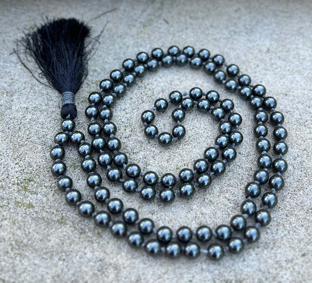 Hematite Mala 108 Beads – Hand Knotted Gemstone Meditation Prayer Necklace