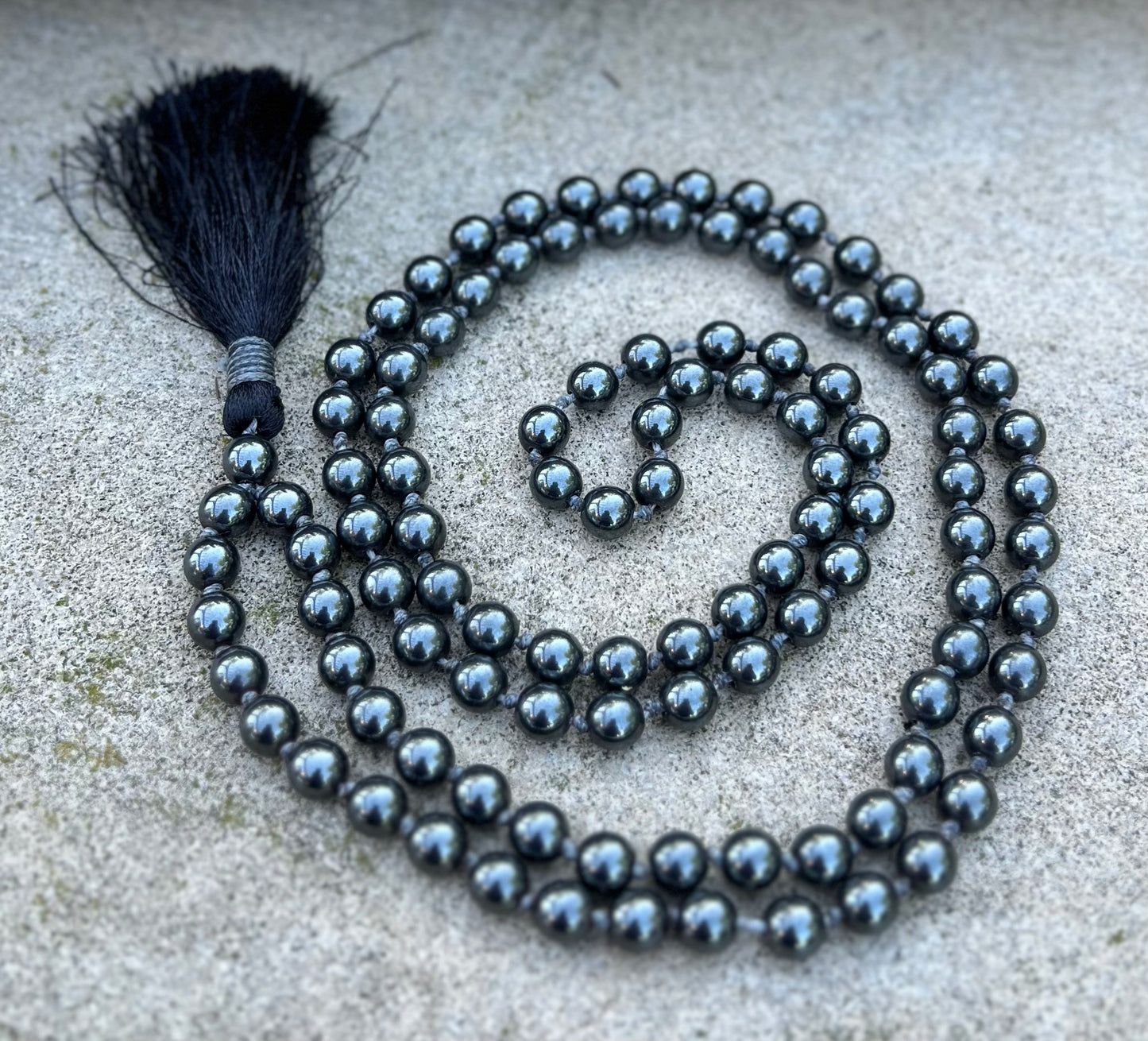 Natural  Hematite Hand Knotted Mala, Rosary 108 Beads, Japa Mala, Meditation Mala, Mala Necklace, Free Silk Pouch