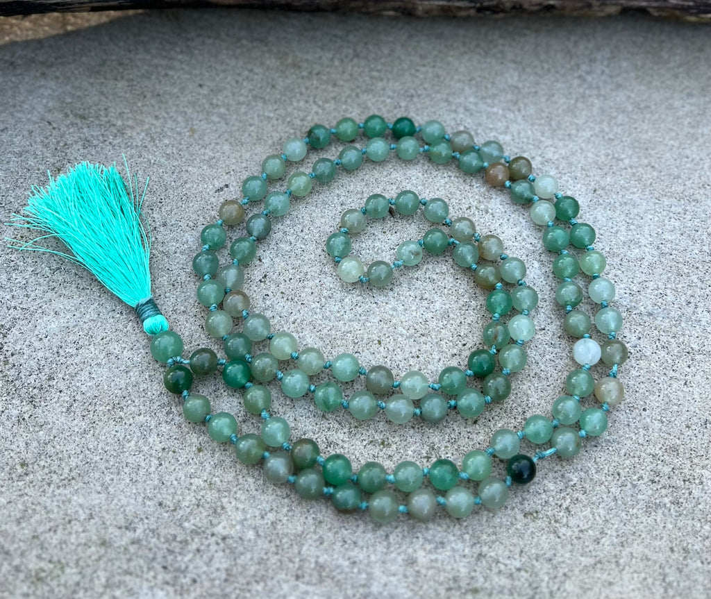 Green Aventurine Mala 108 Beads – Hand Knotted Gemstone Meditation Prayer Necklace