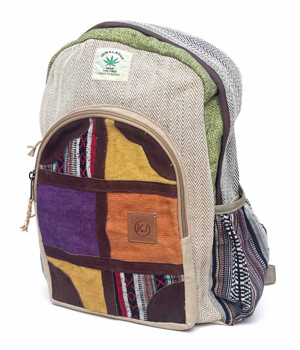 KayJayStyles Multi-Patch Hemp Nepal Backpack – Handmade Large Multi-Pocket Bag