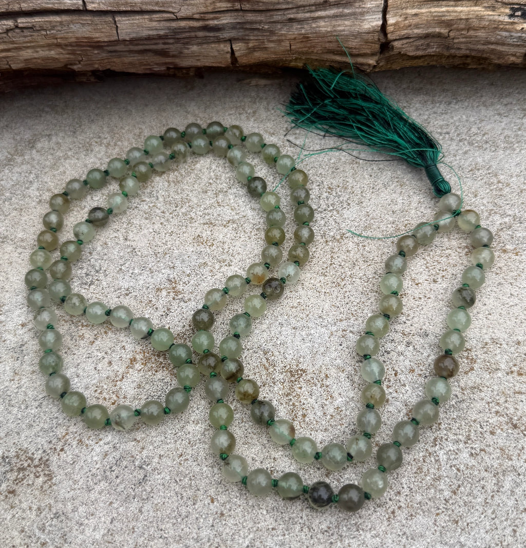 Prehnite 108 Bead Mala Necklace • Hand-Knotted Gemstone Prayer Beads • Yoga Jewelry • Spiritual Healing Meditation Necklace - DharmaObjects