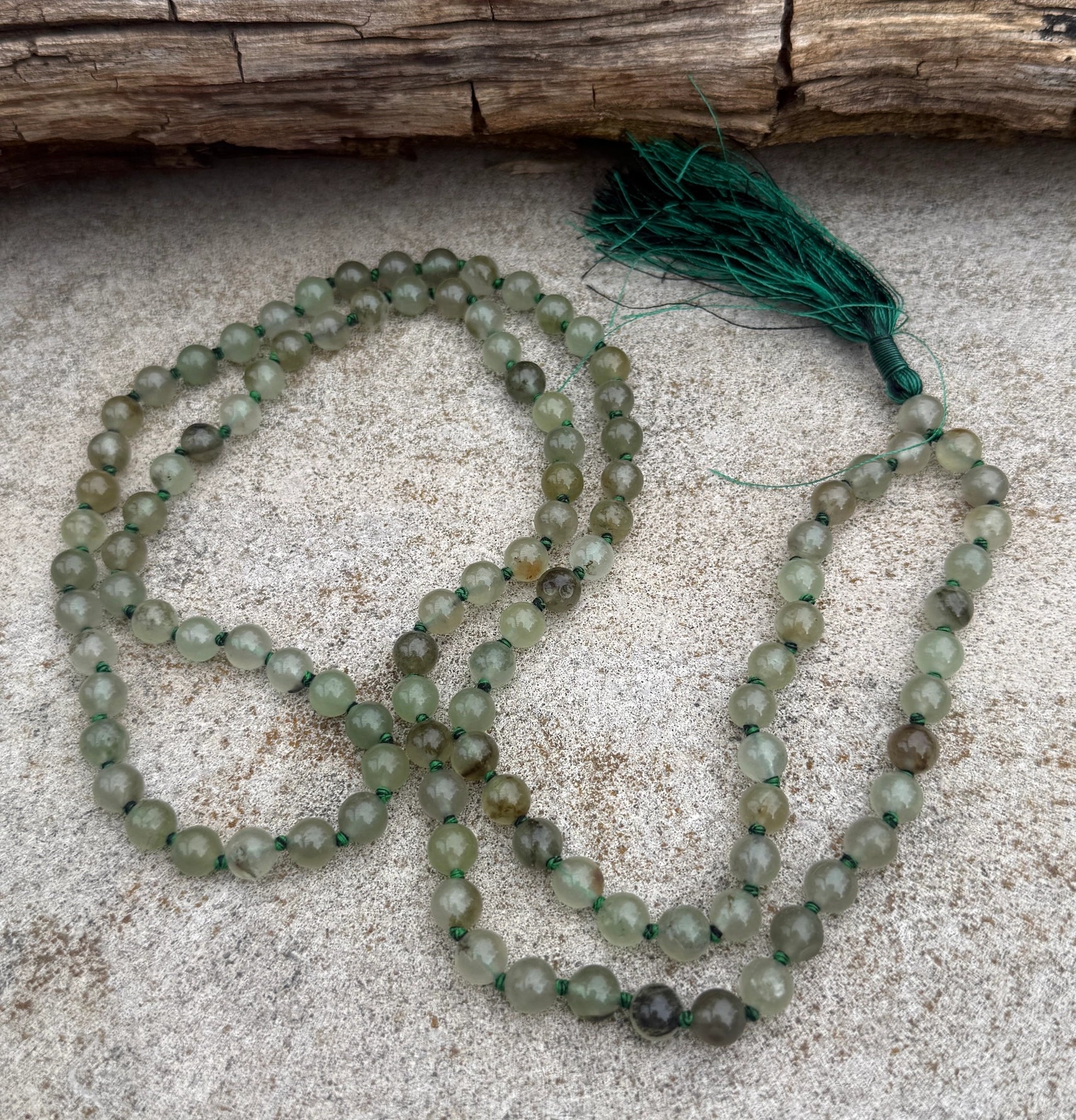 Prehnite 108 Bead Mala Necklace • Hand-Knotted Gemstone Prayer Beads • Yoga Jewelry • Spiritual Healing Meditation Necklace - DharmaObjects