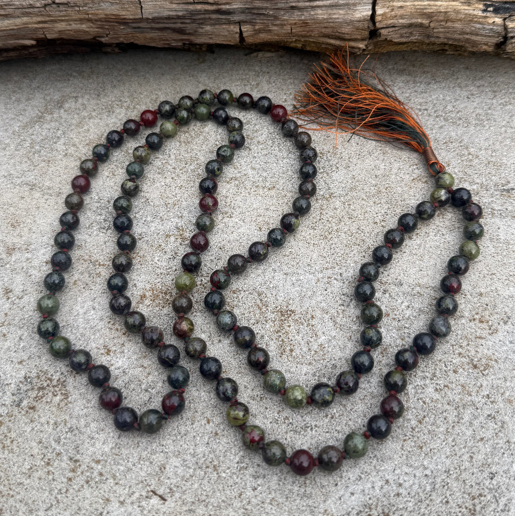 Dragon Blood Jasper 108 Bead Mala • Hand-Knotted Meditation Prayer Necklace • Yoga Jewelry • Spiritual Gift • Natural Gemstone Mala Beads - DharmaObjects