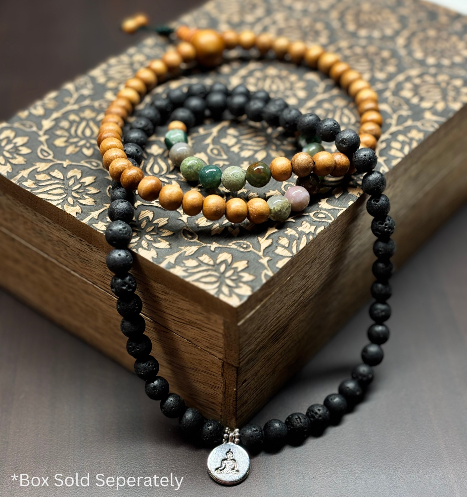 Sandalwood, Green Moss Agate, & Lava Rock Tibetan Prayer Mala - DharmaObjects