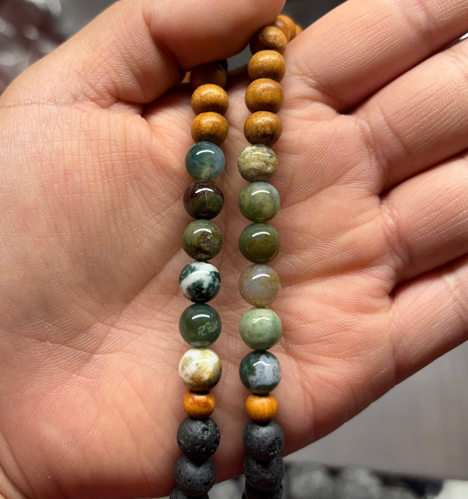 Sandalwood, Green Moss Agate, & Lava Rock Tibetan Prayer Mala - DharmaObjects