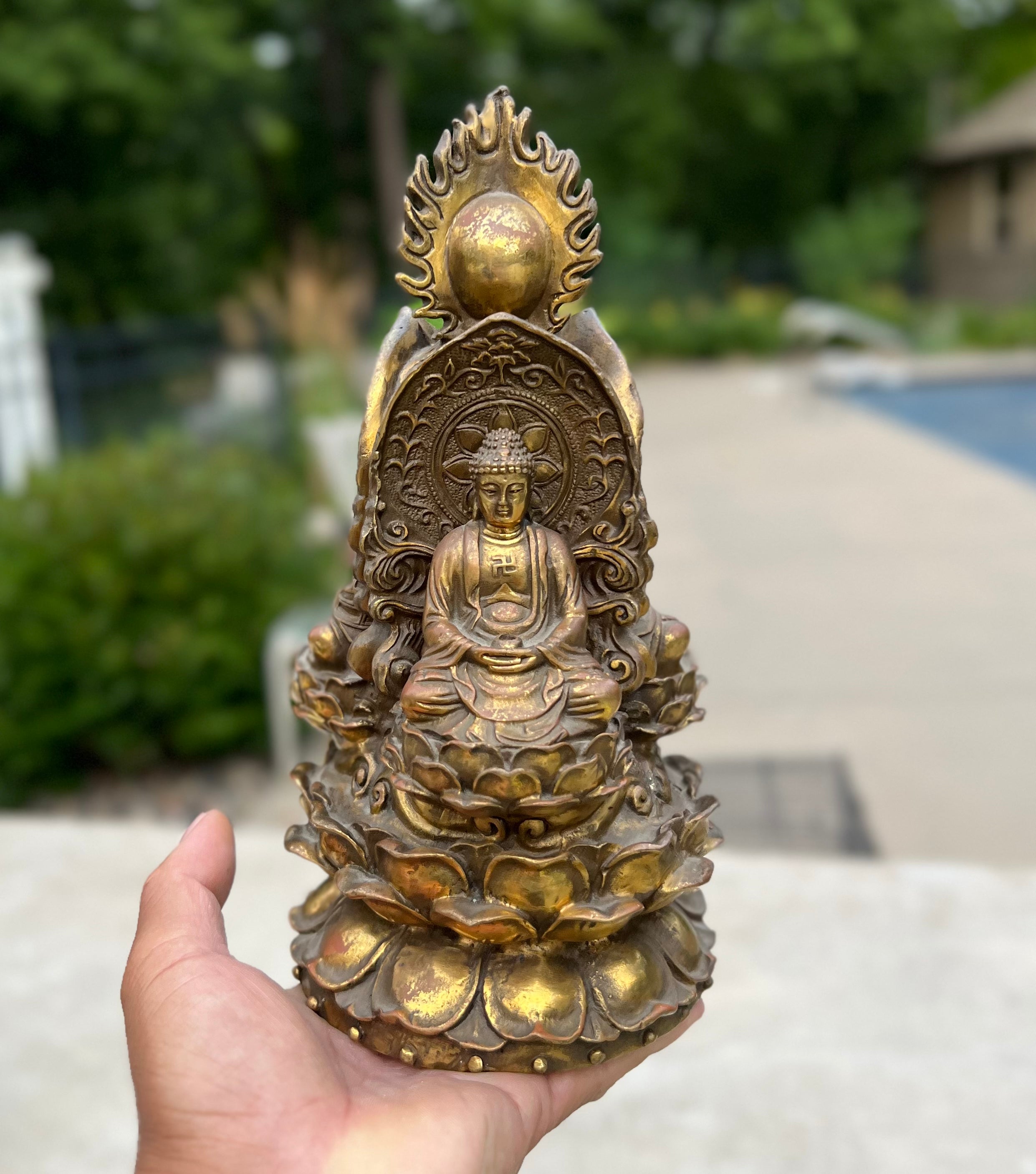 Tibetan Buddhist Old Brass 3 Buddhas Stupa Pagoda 9.5 Inches Tall - DharmaObjects