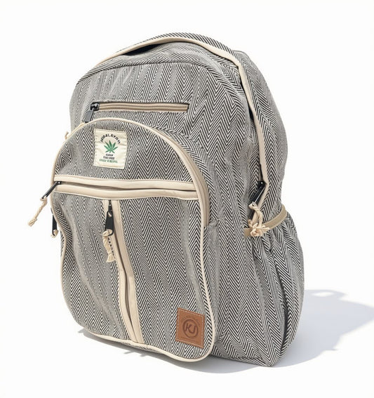 KayJayStyles Black Stripe Hemp Nepal Backpack – Handmade Large Multi-Pocket Bag