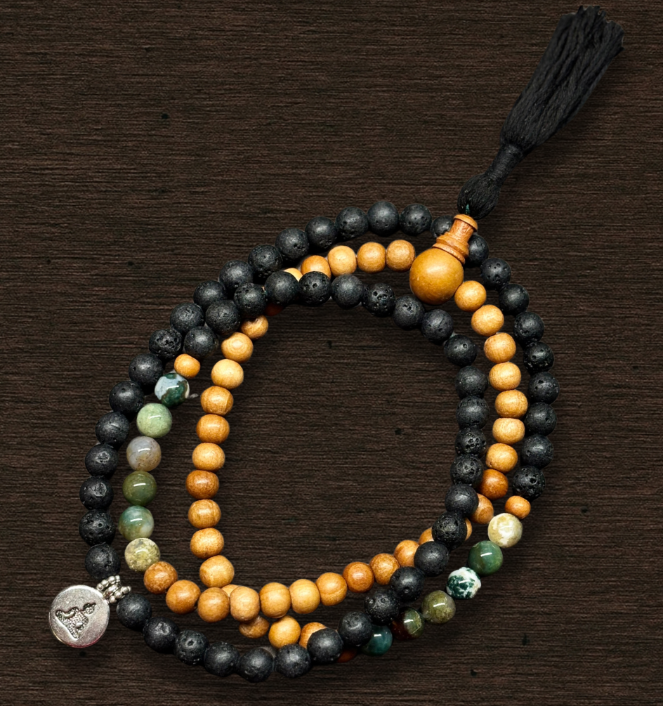 Sandalwood, Green Moss Agate, & Lava Rock Tibetan Prayer Mala - DharmaObjects