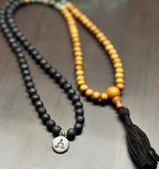 Sandalwood, Green Moss Agate, & Lava Rock Tibetan Prayer Mala - DharmaObjects
