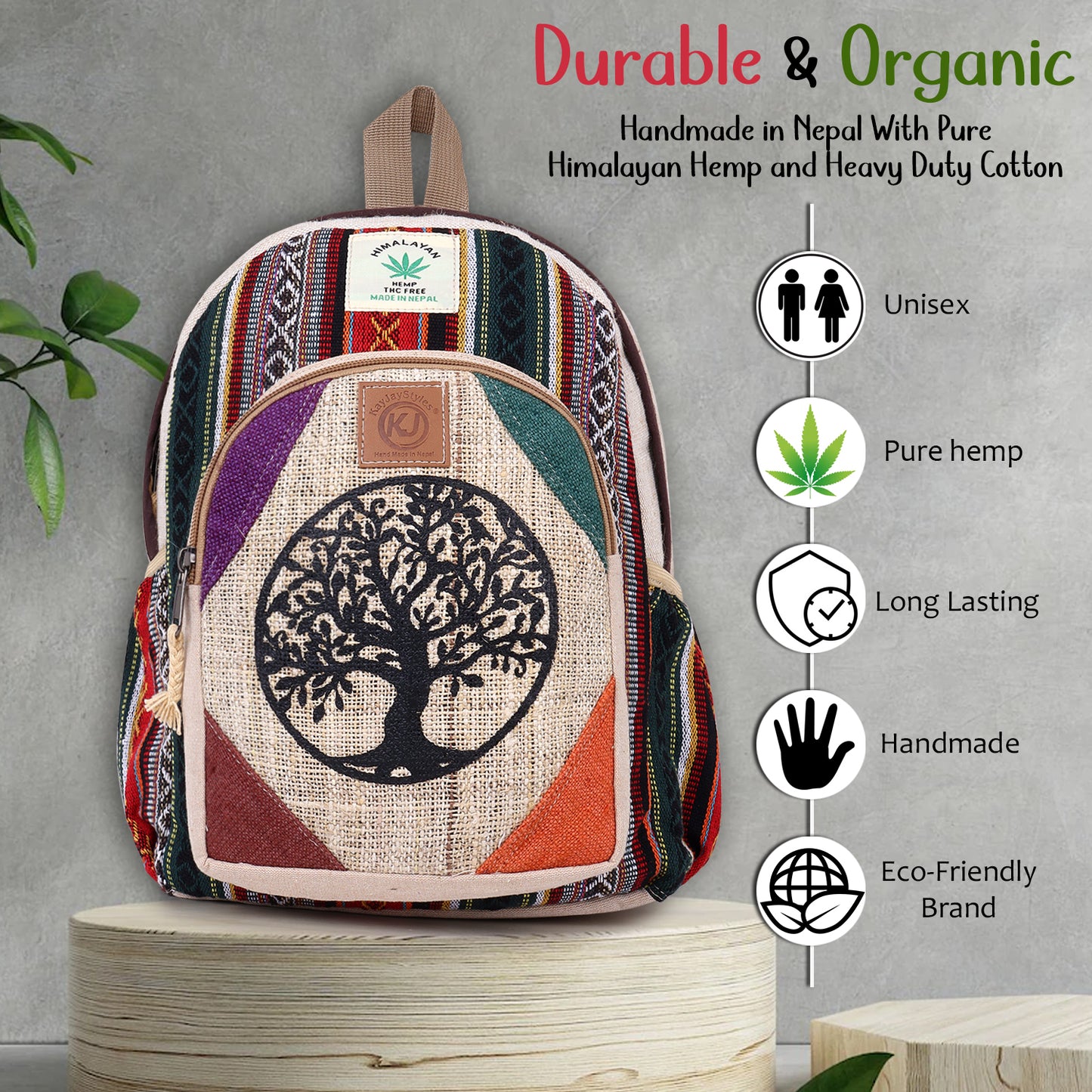 KayJayStyles Handmade Natural Hemp Nepal Backpack Purse for Women & Girls Small Lightweight Daypack ( Tree Of Life)