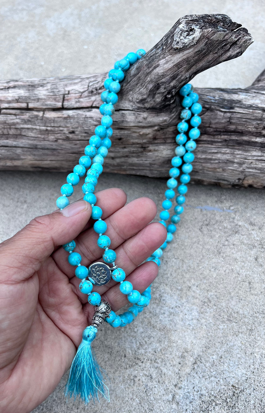 Turquoise Mala 108 Beads – Tibetan Silver Guru Bead & Lotus Charm Meditation Necklace