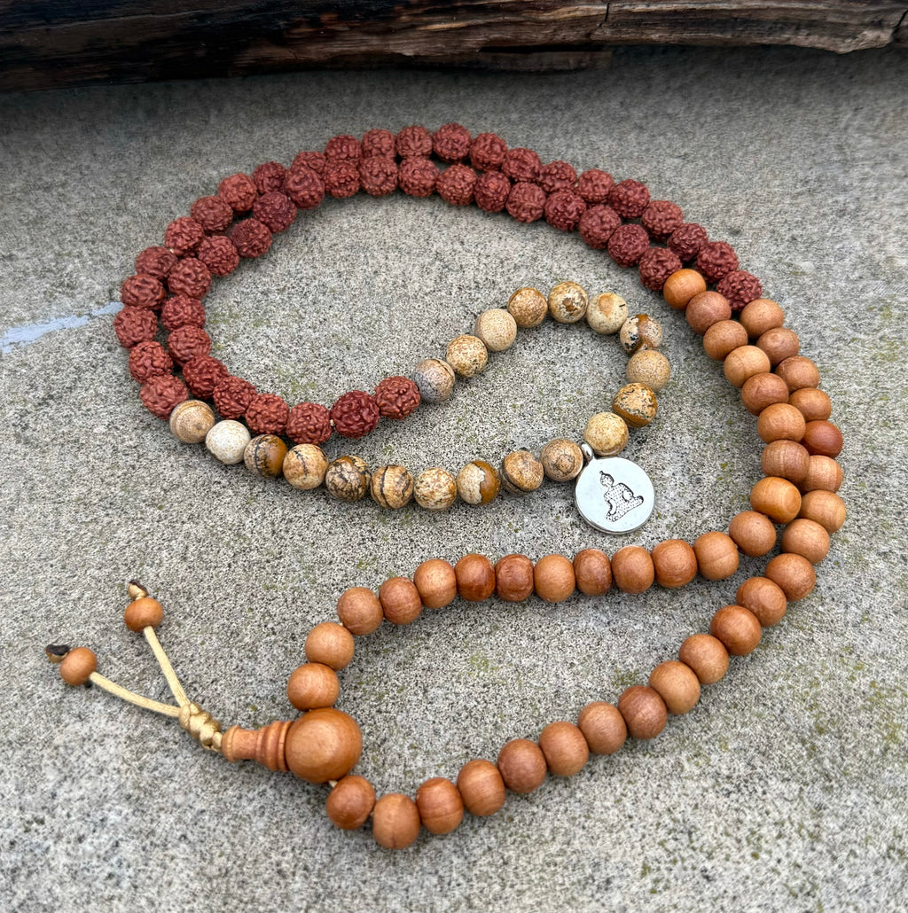 Natural Rudraksha Sandalwood Mala Necklace | 108 Meditation Prayer Beads with Brown Agate | Spiritual Yoga Jewelry - DharmaObjects