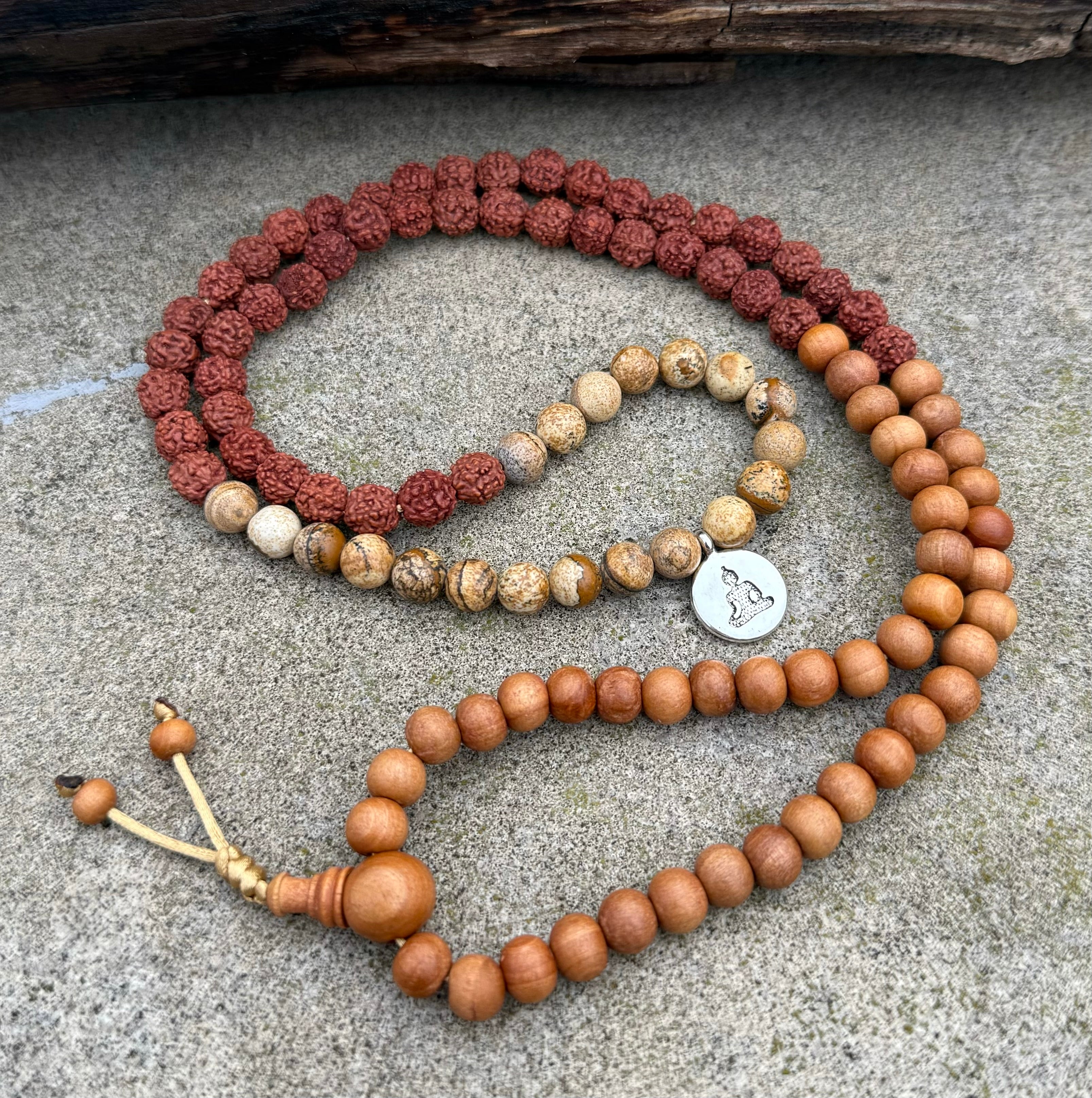 Natural Rudraksha Sandalwood Mala Necklace | 108 Meditation Prayer Beads with Brown Agate | Spiritual Yoga Jewelry - DharmaObjects
