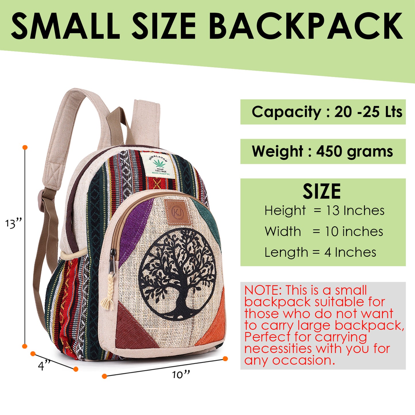 KayJayStyles Handmade Natural Hemp Nepal Backpack Purse for Women & Girls Small Lightweight Daypack ( Tree Of Life)