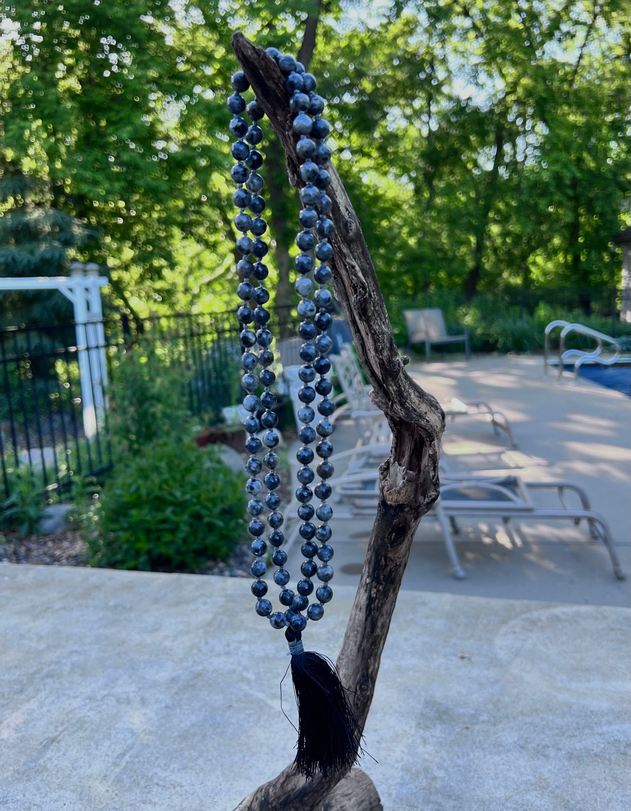 Larvikite Mala 108 Beads – Hand Knotted Gemstone Meditation Prayer Necklace