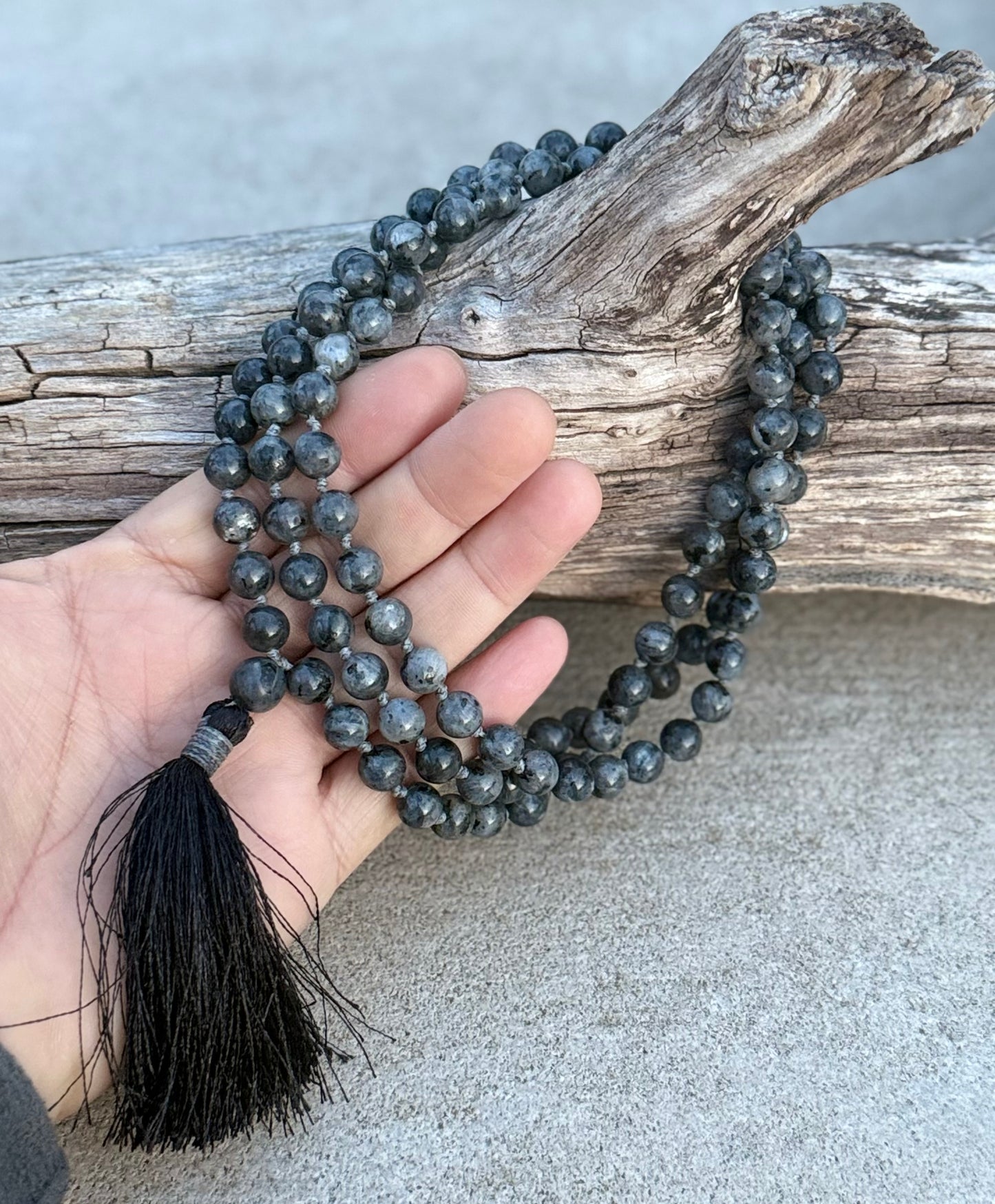 Natural Larvikite Hand Knotted Mala, Rosary 108 Beads, Japa Mala, Meditation Mala, Mala Necklace, Free Silk Pouch