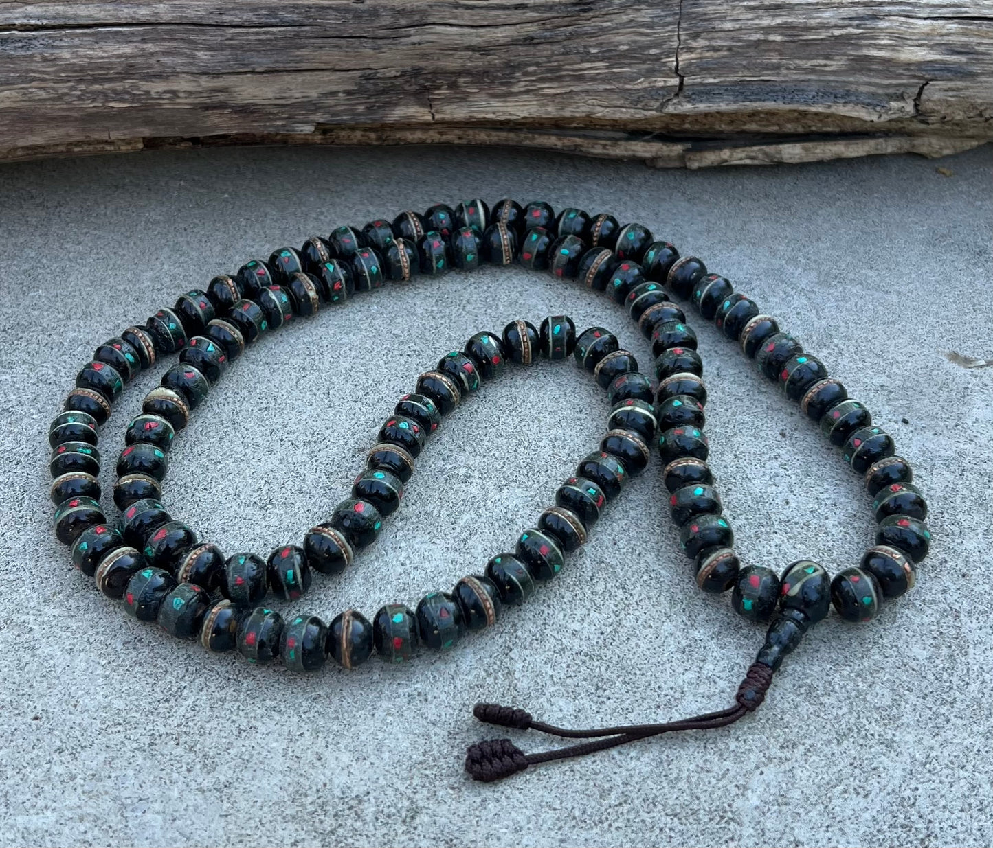 Tibetan Meditation & Yoga 108 Beads Mala Prayer Beads | Yak Bone with Turquoise and Coral Inlay | Handcrafted Spiritual Jewelry