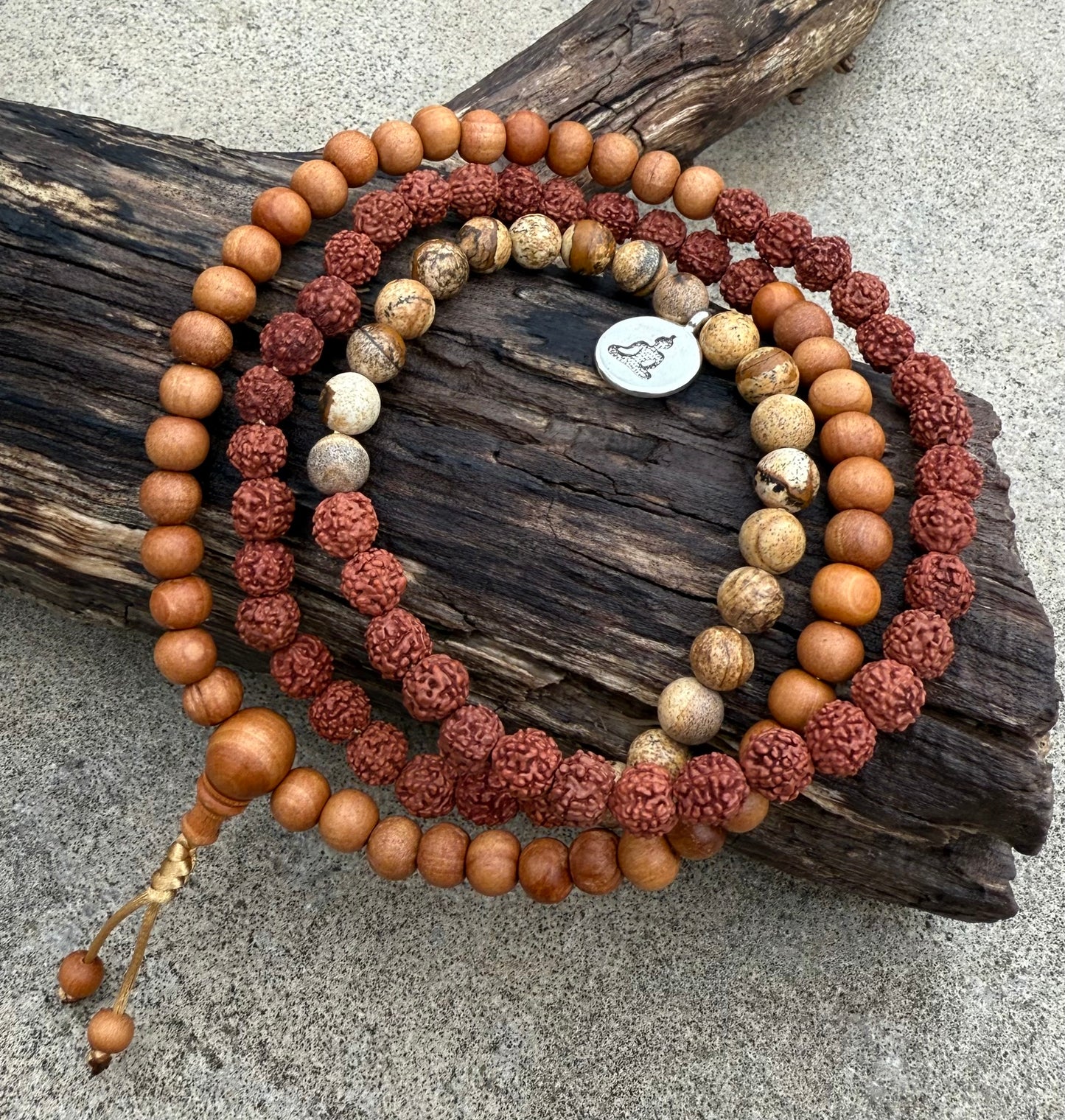 Sandalwood, Rudraksha, and Brown Agate 108 Beads Mala Rosary Free Mala Bag