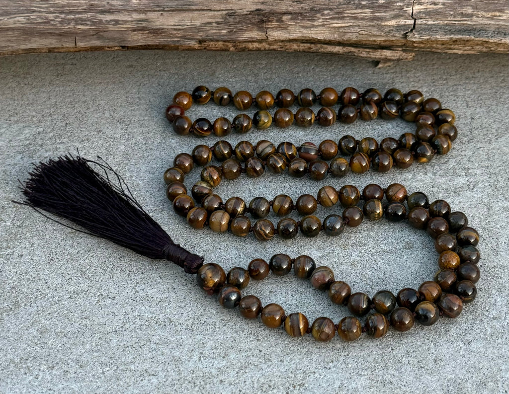 Tiger’s Eye Mala 108 Beads – Hand Knotted Gemstone Meditation Prayer Necklace
