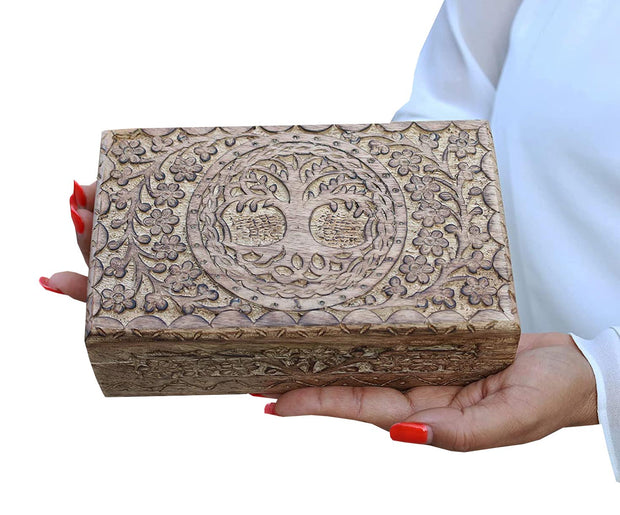 Large Hand Carved Tree of Life Wooden Box Keepsake Storage Multi Utility