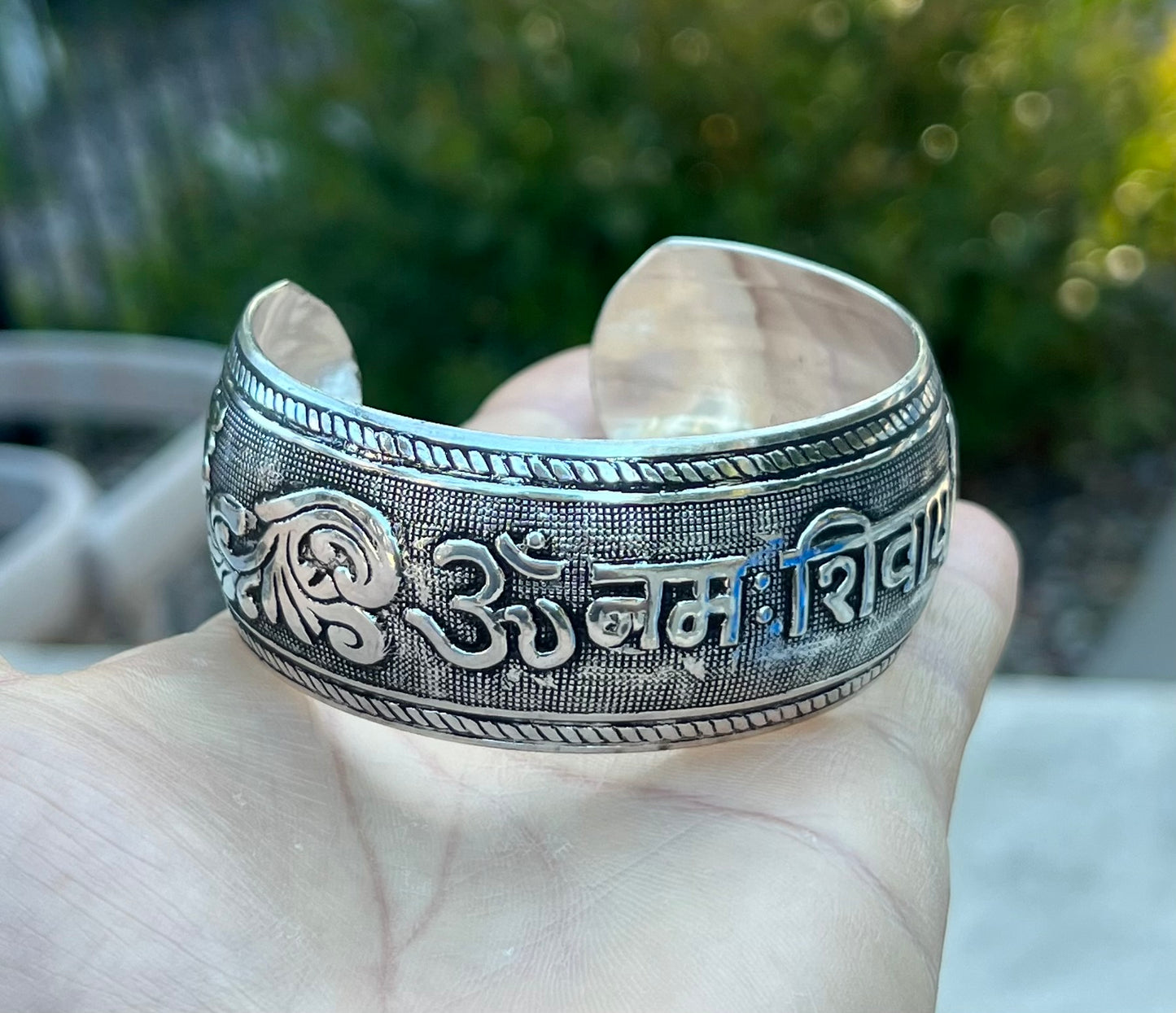 Hindu Mantra Om Namah Shivaya Silver Cuff Bracelet | Handcrafted Spiritual Jewelry