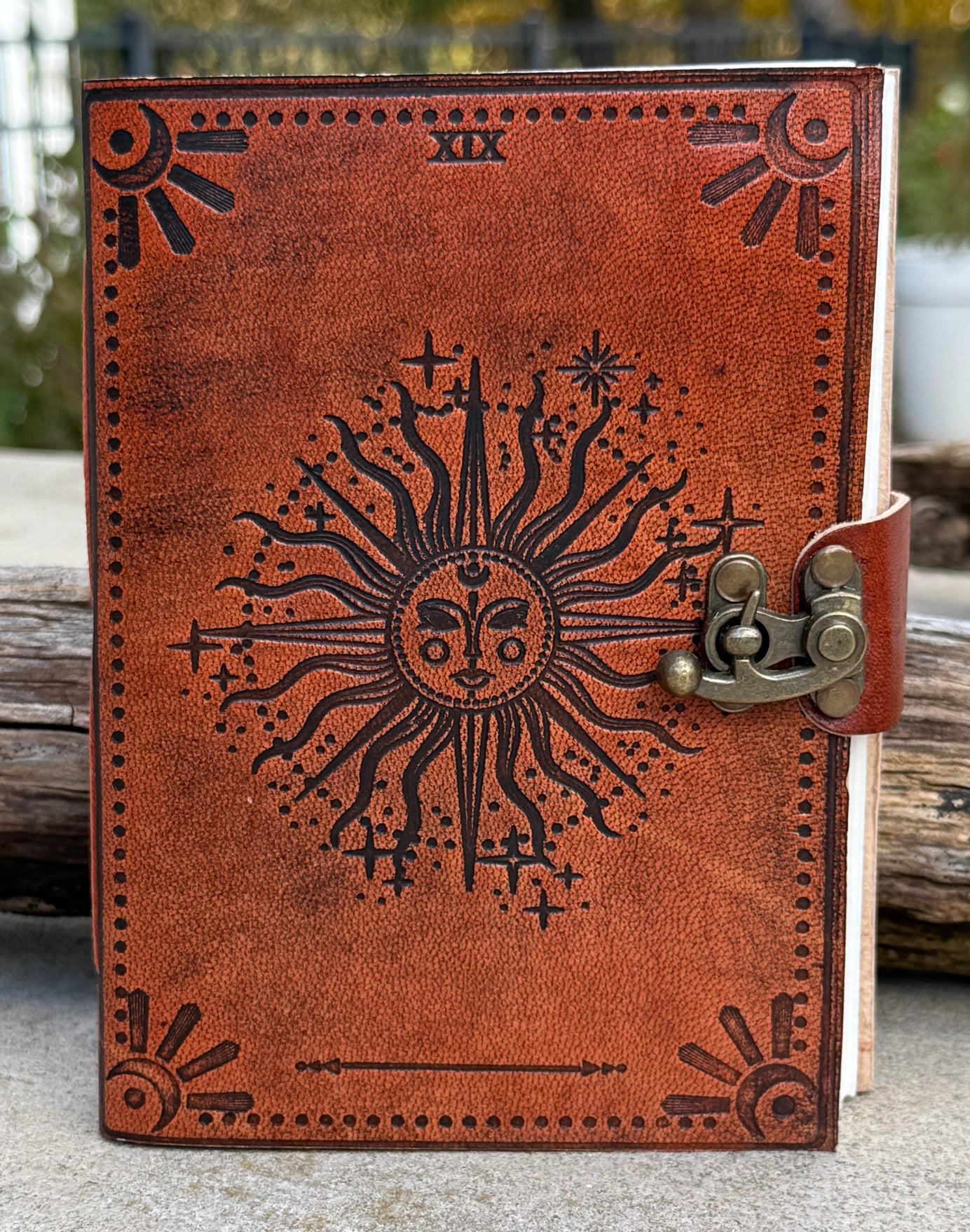 Handmade Celestial Sun Embossed Leather Journal