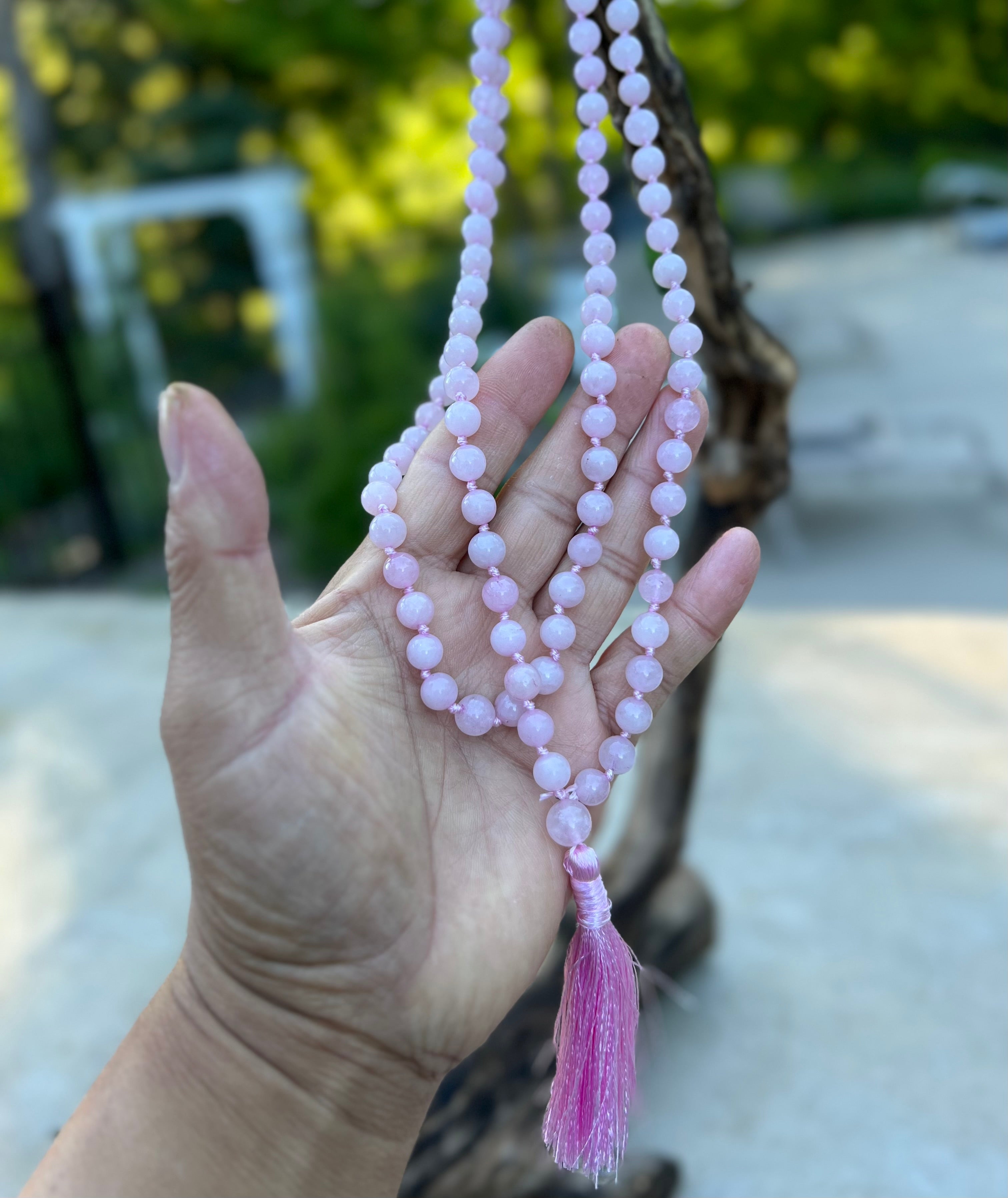 Rose Quartz Mala 108 Beads – Hand Knotted Gemstone Meditation Prayer Necklace