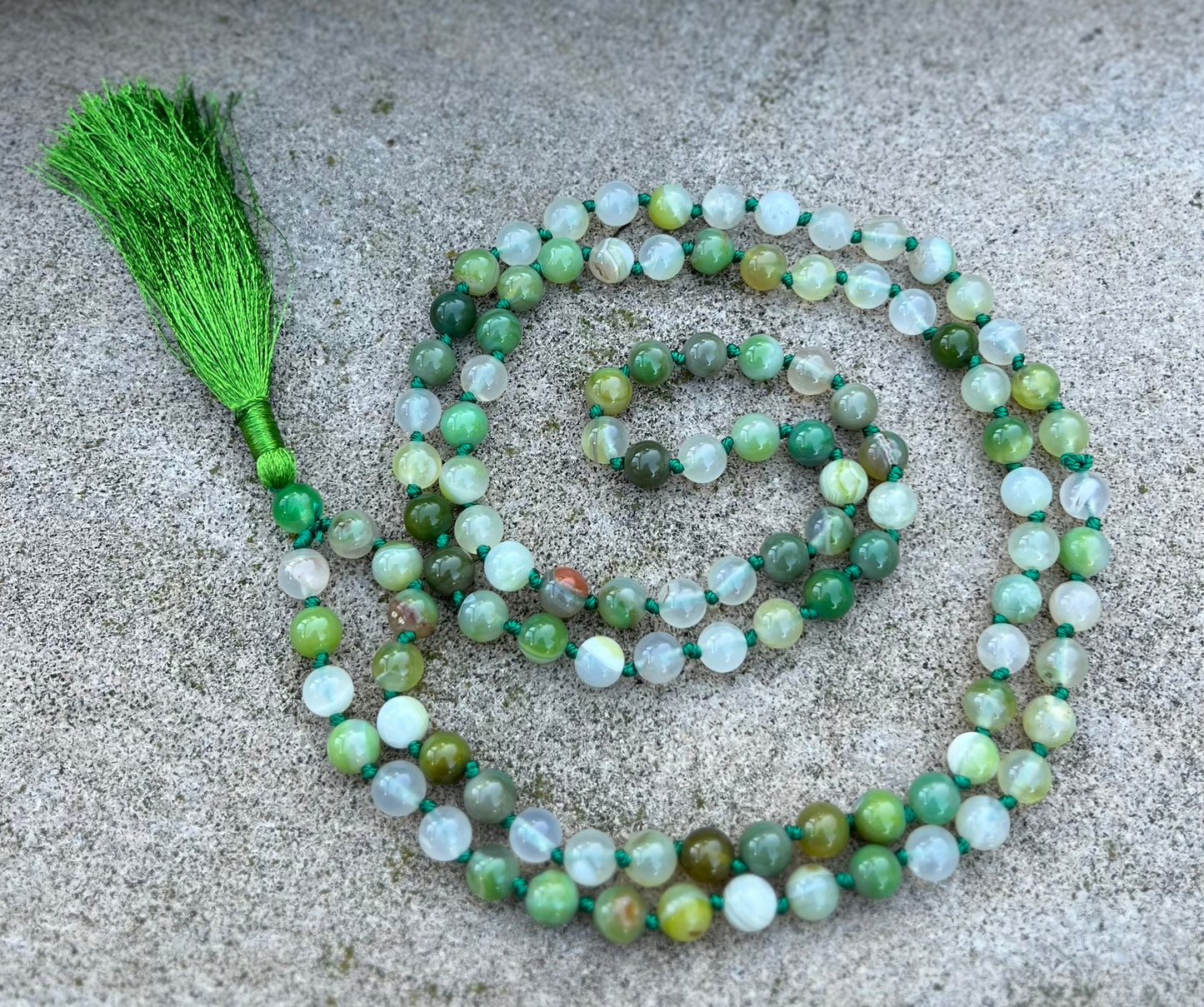 108 Beads Hand-Knotted Green Agate Stone Mala Rosary | Natural Gemstone Meditation Necklace | Healing, Balance, and Chakra Alignment Mala