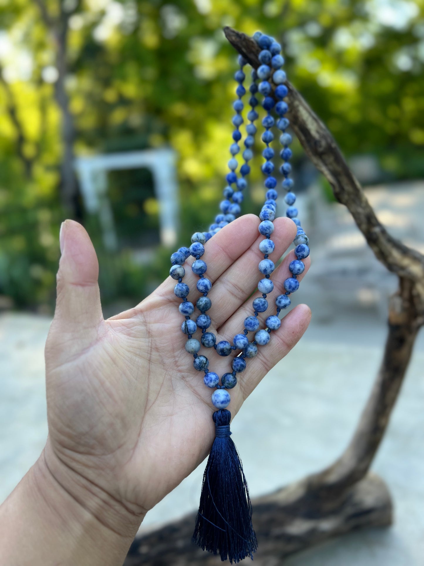 Natural  Sodalite Hand Knotted Mala, Rosary 108 Beads, Japa Mala, Meditation Mala, Mala Necklace, Free Silk Pouch