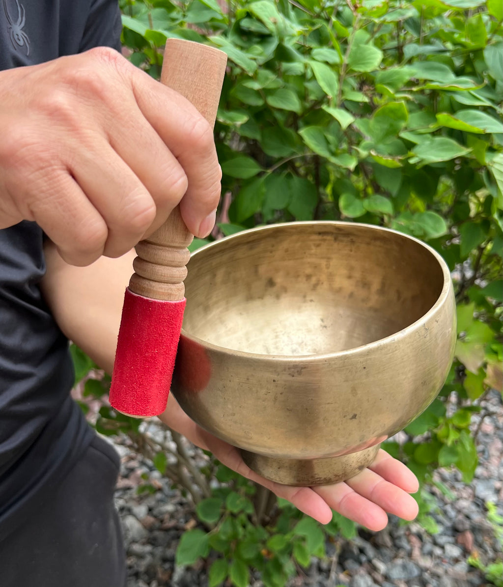 Antique Naga Pedestal Himalayan Singing Bowl 6.5" – Solar Plexus Chakra E 1332 Hz Chalice Bowl with Gong Beater & Mallet - DharmaObjects