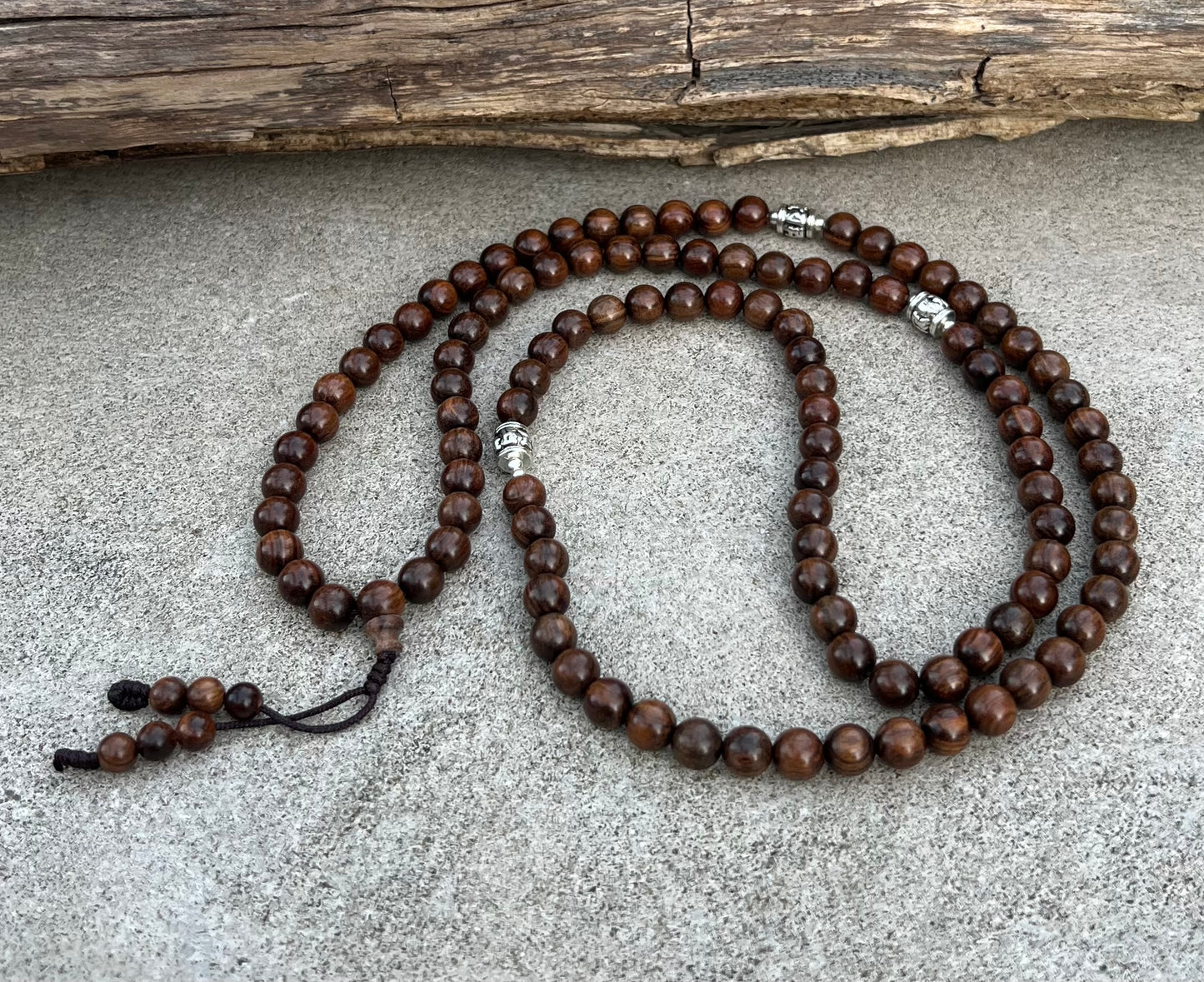 Tibetan Buddhist Kadam Wood 108 Beads Mala with 3 Silver Markers + Free Silk Pouch